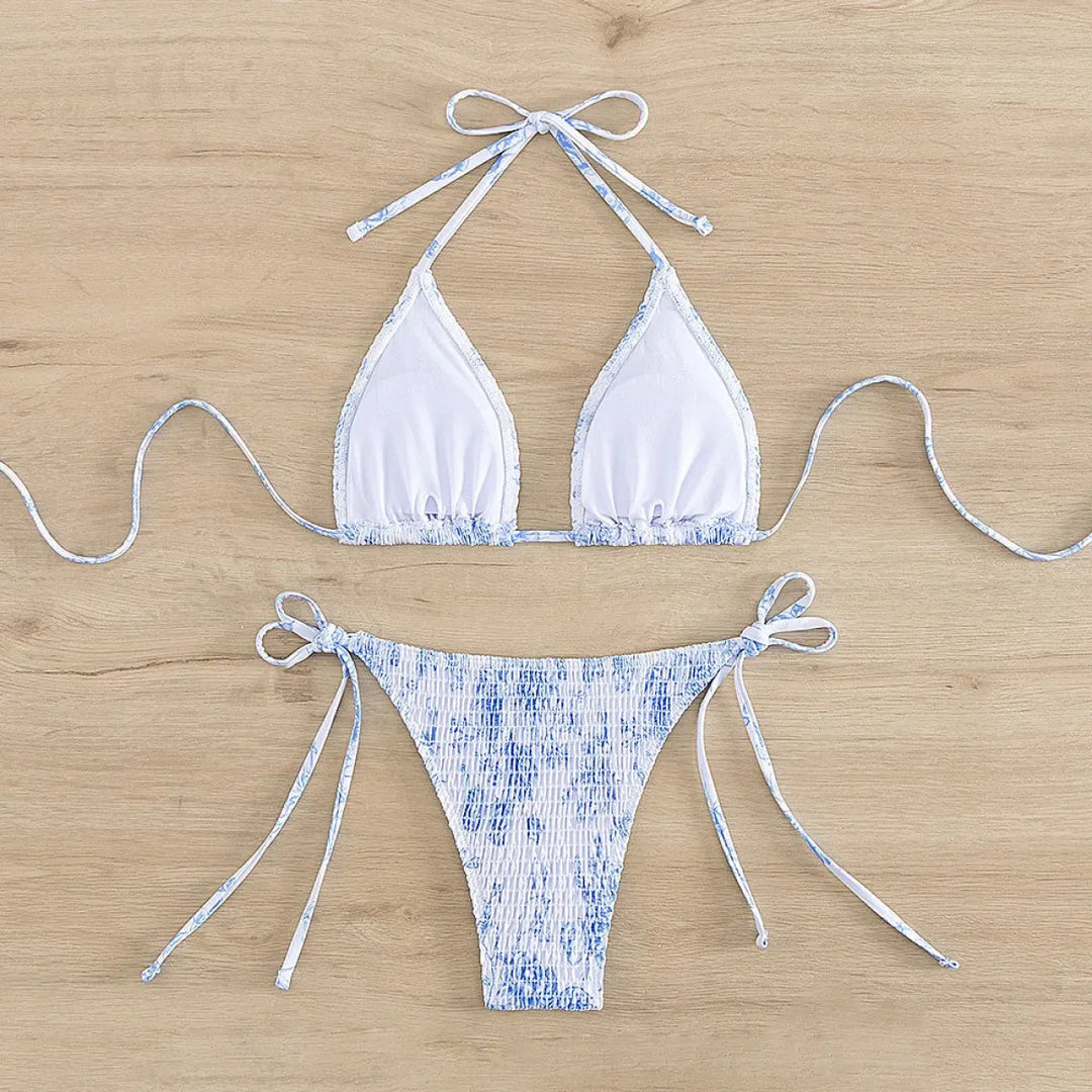 Ruched Floral Halter Bikini Set – Kawaii Beach Swimwear