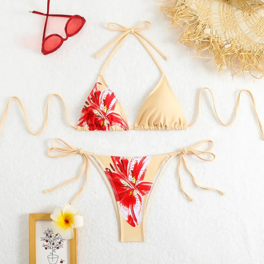 Halter Bikini Set – Vintage Floral Print String Swimwear