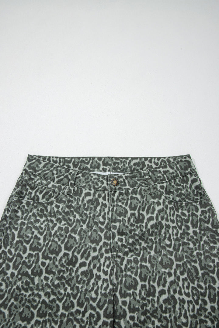 Gray Leopard Frayed Edge Wide Leg High Waist Jeans