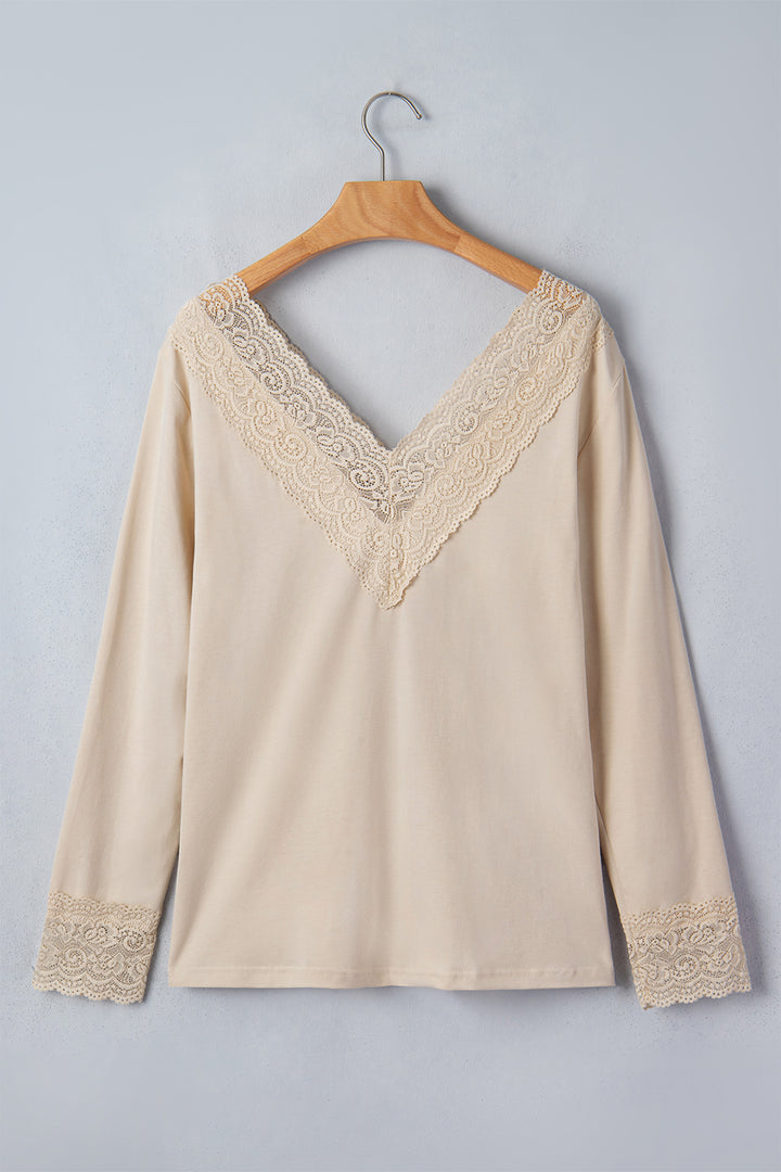 Apricot Lace Splicing V Neck Long Sleeve Top