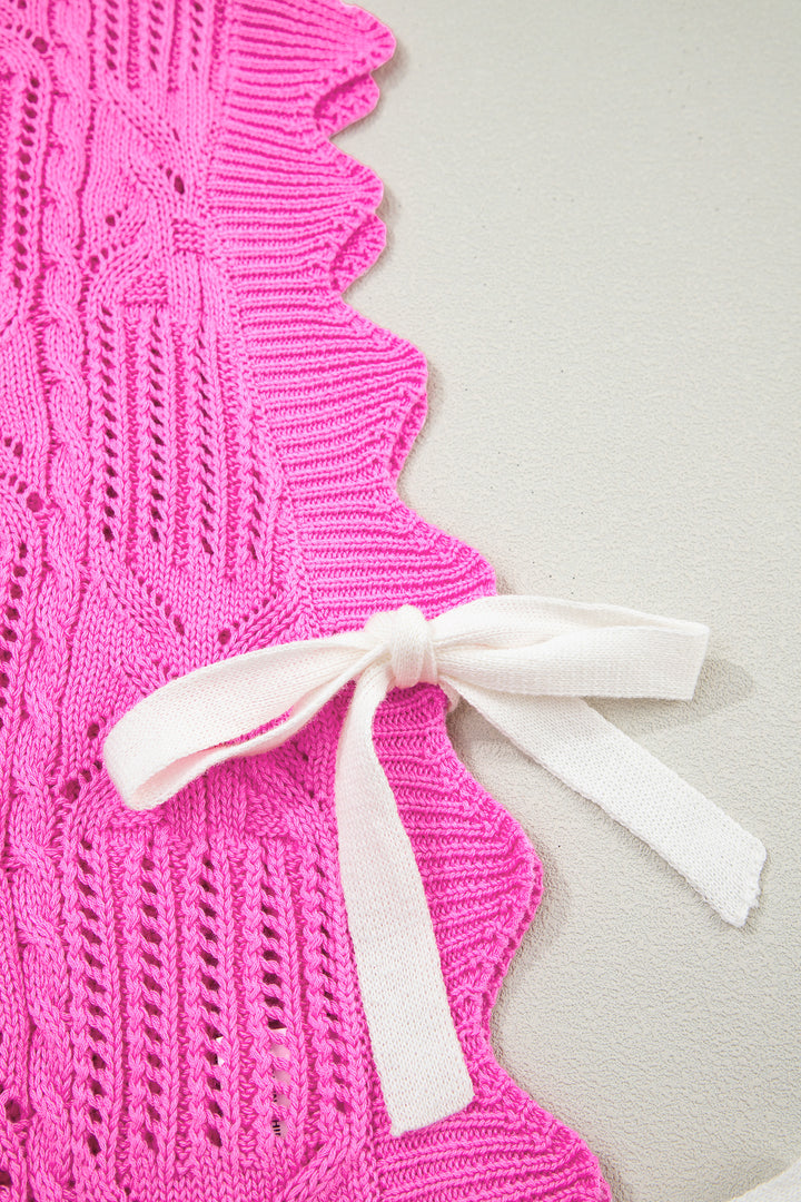 Bonbon Pointelle Knit Patterned Scalloped Trim Short Sleeve Sweater