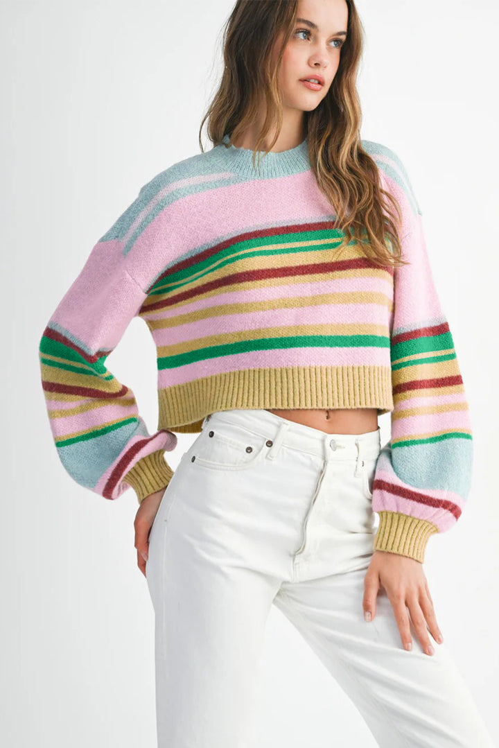 Multicolour Striped Knit Ribbed Trim Boxy Fit Cropped Sweater