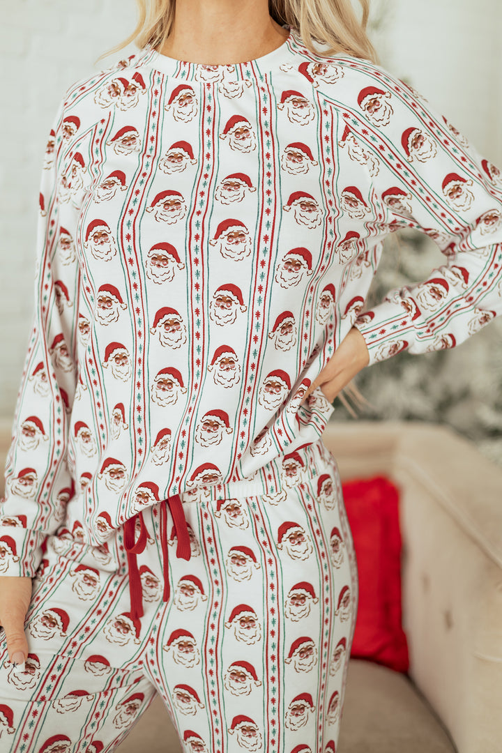 White Father Christmas Striped Print Contrast Drawstring Lounge Pant Set