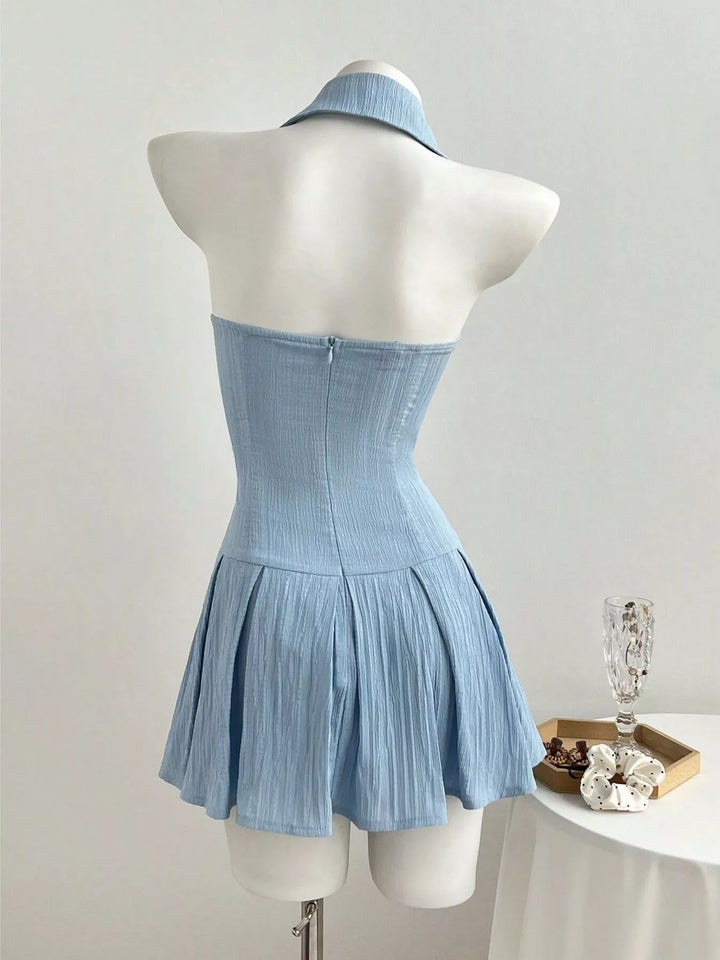 Halter Neck Bow Tie Pleated Mini Dress