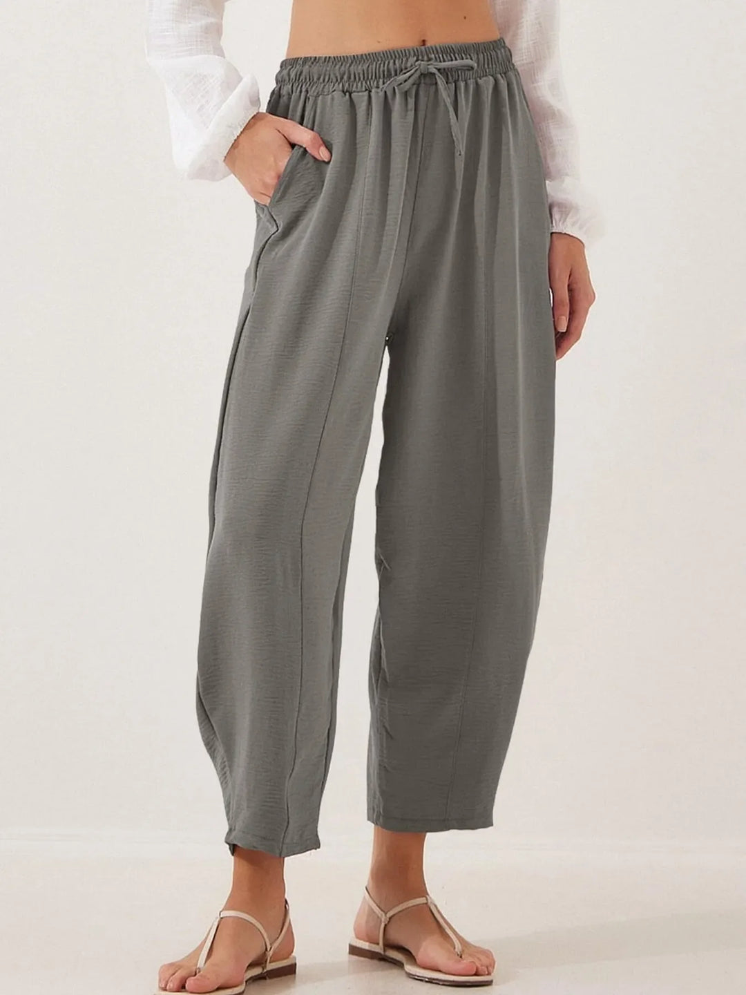 Full Size Drawstring Wide Leg Cropped Pants Plus Size