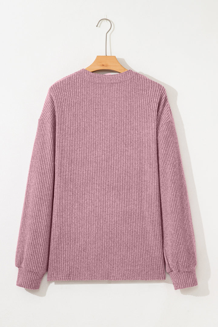 Pink Ribbed Texture Drop Shoulder Henley Knit Top