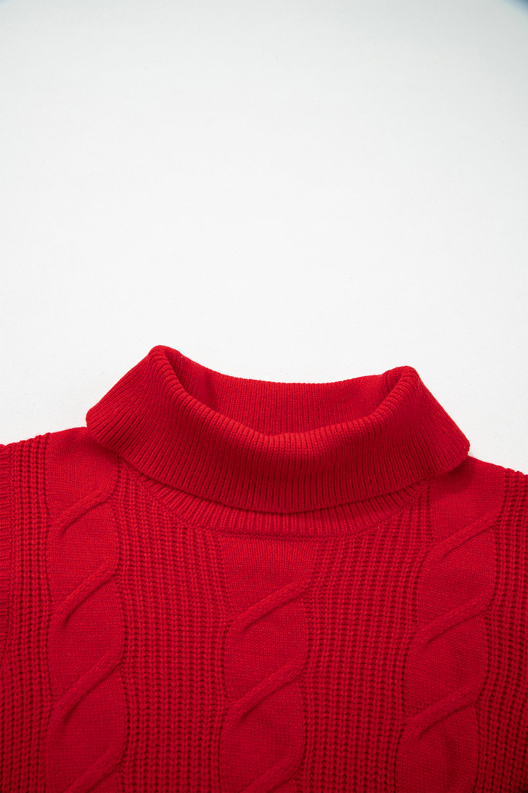 Tomato Red Cable Knit Turtleneck Ruffled Short Sleeve Sweater