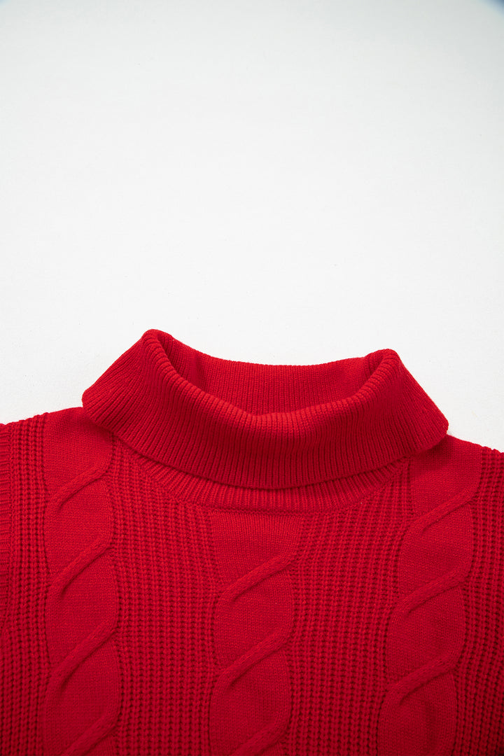 Tomato Red Cable Knit Turtleneck Ruffled Short Sleeve Sweater