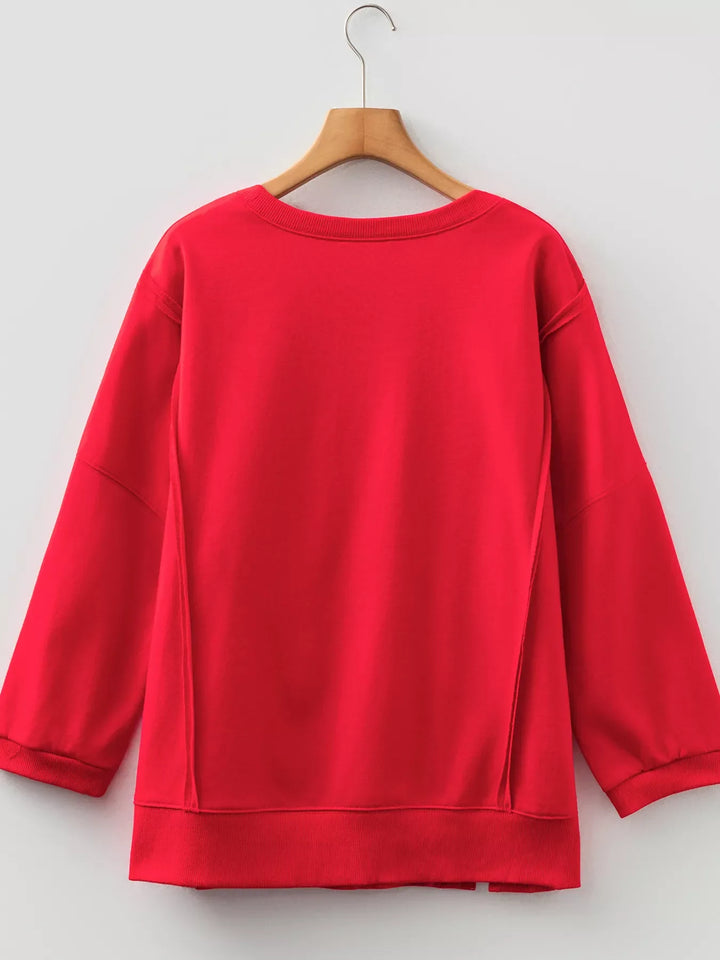 Floral Bow Patched Exposed Seam Patchwork Slit Baggy Sweatshirt