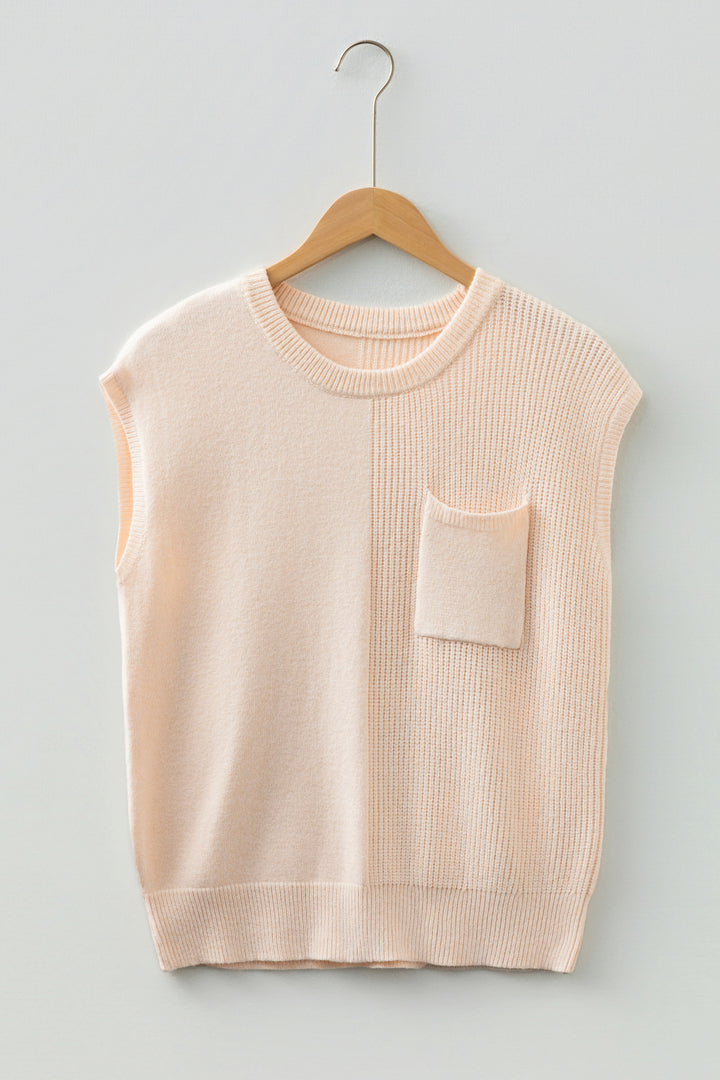 Jet Stream Solid Color Mixed Knits Patch Pocket Short Sleeve Sweater