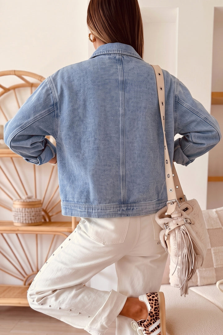 Beau Blue Studded Metal Zipper Rivet Pockets Long Sleeve Denim Jacket