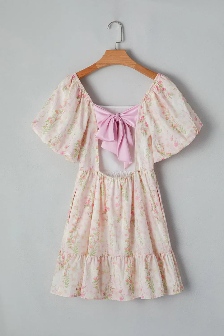Floral Puff Sleeve Square Neck Knotted Open Back Ruffled Mini Dress