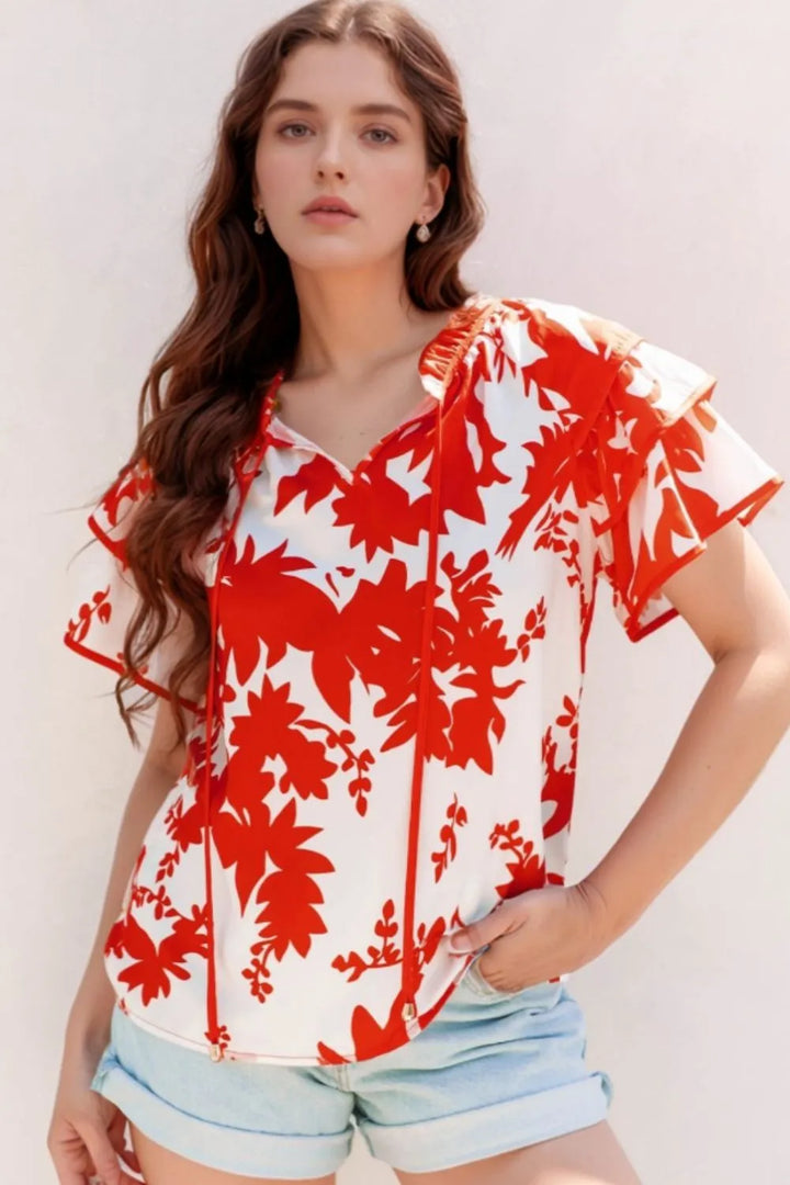 Plant Print Tiered Ruffled Sleeve Tie Neck Blouse
