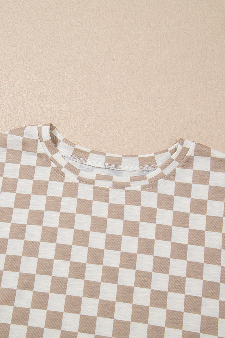 Brown Checkerboard T Shirt and High Waist Skorts 2 Piece Outfit