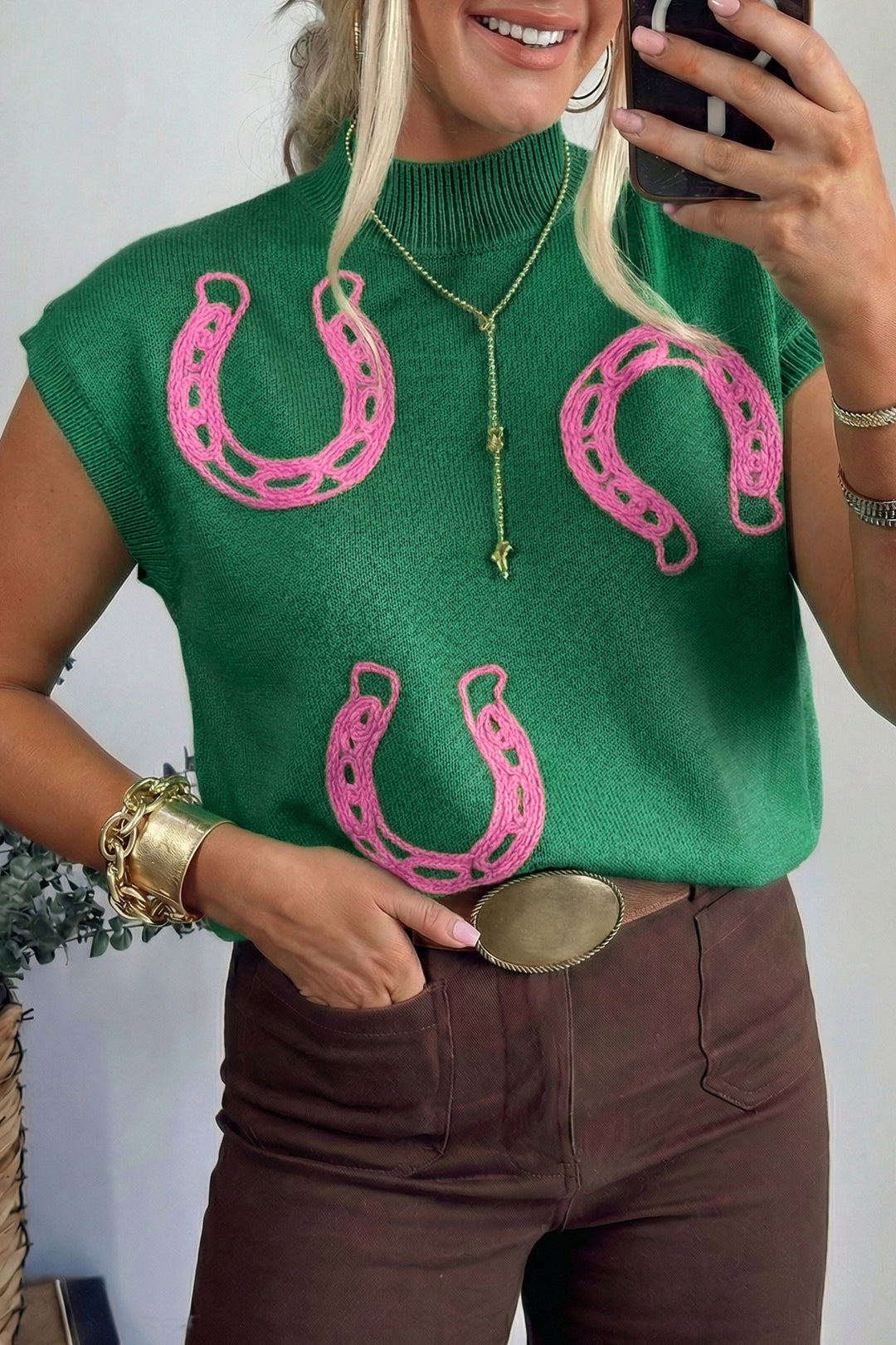 Bright Green Corded Horseshoes Ribbed Trim Mock Neck Short Sleeve Sweater