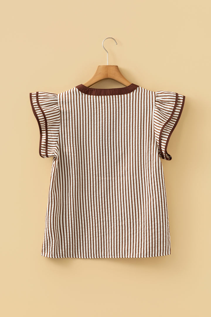 Khaki Stripe Double Ruffled Short Sleeve V Neck Blouse