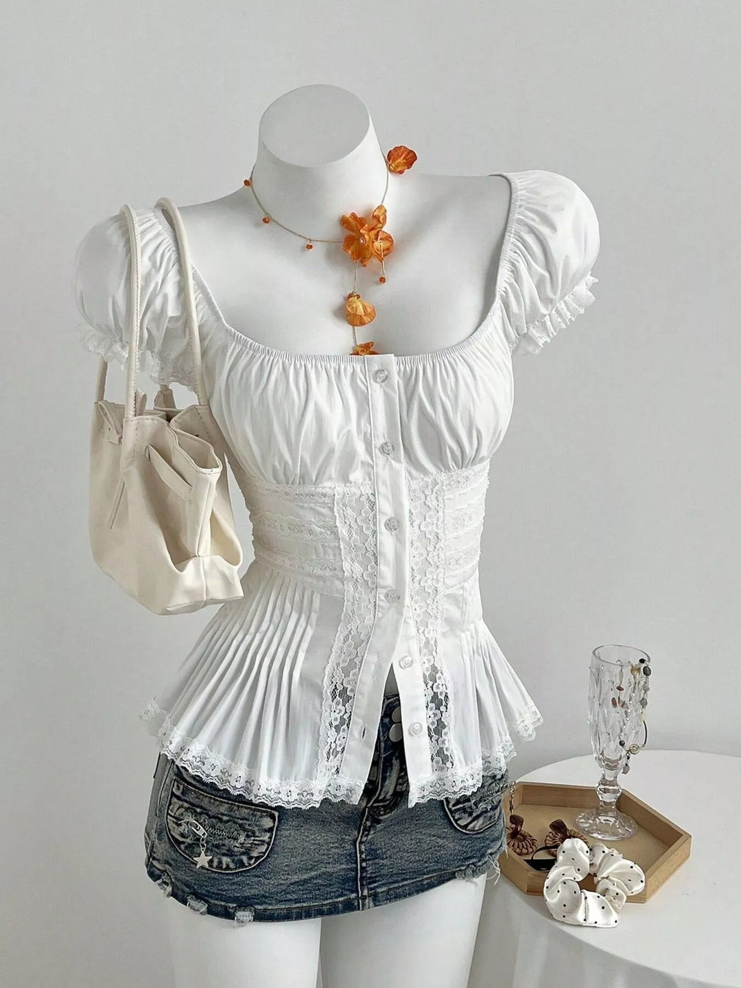 Lace Button Up Short Sleeve Shirt