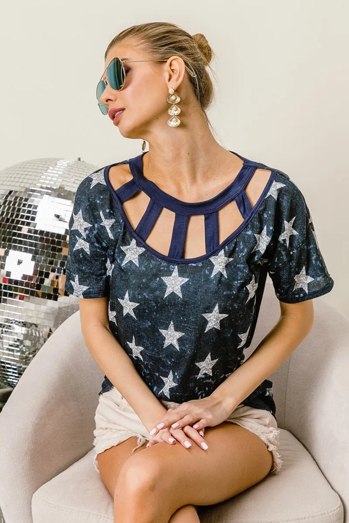 BiBi Vintage Star Print Top With Contrast Caged Neck