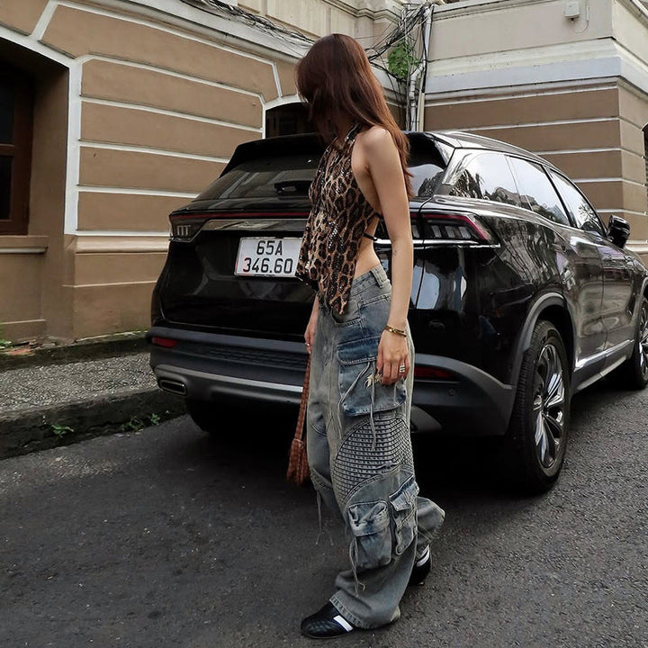 Elegant Halter-neck Backless Sequin Leopard-print V-neck Tank Top
