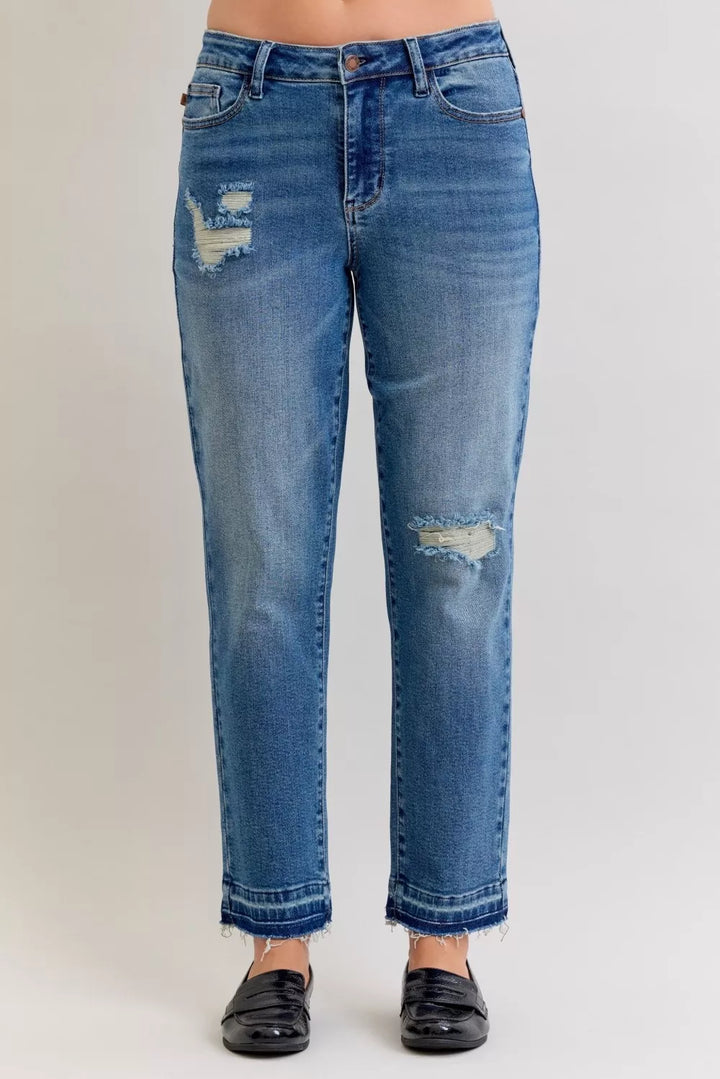 Judy Blue Full Size Mid Rise Bf Patch & Repair Destroy Release Hem Jeans Plus Size