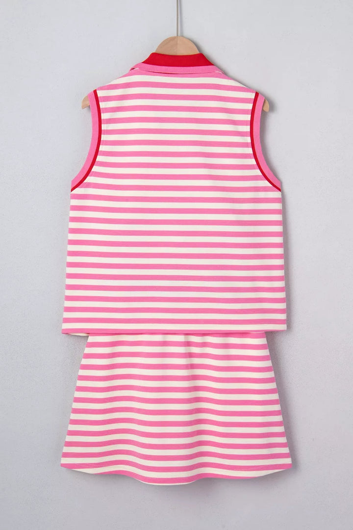 Half Zip Striped Sleeveless Top and Skirt Set
