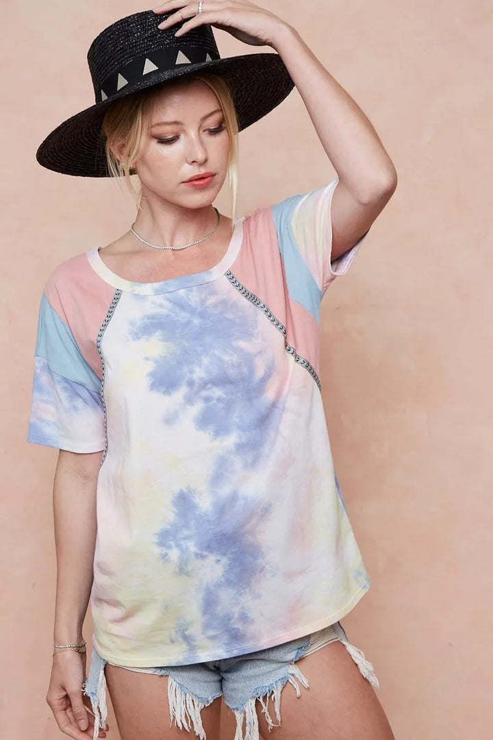 BiBi Tie Dye Printed Cotton Color Block T-Shirt