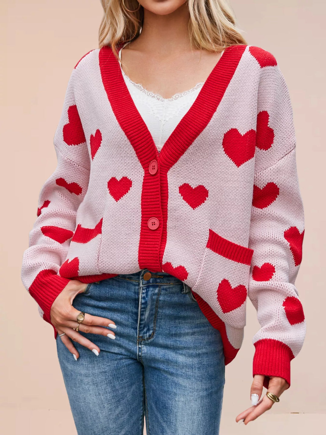 Heart Pattern Button-Up Knit Cardigan