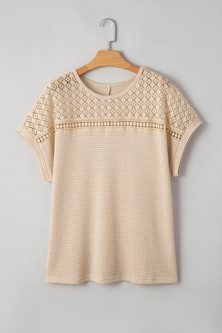 Oatmeal Lace Patchwork Waffle Short Sleeve Plus Size Top