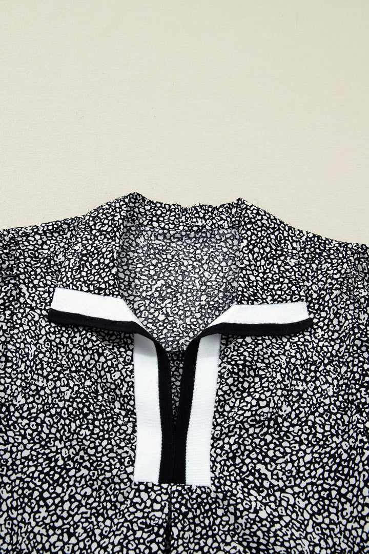 Black Leopard Print Contrast Striped Trim Polo Collar Short Sleeve Dress with Pockets