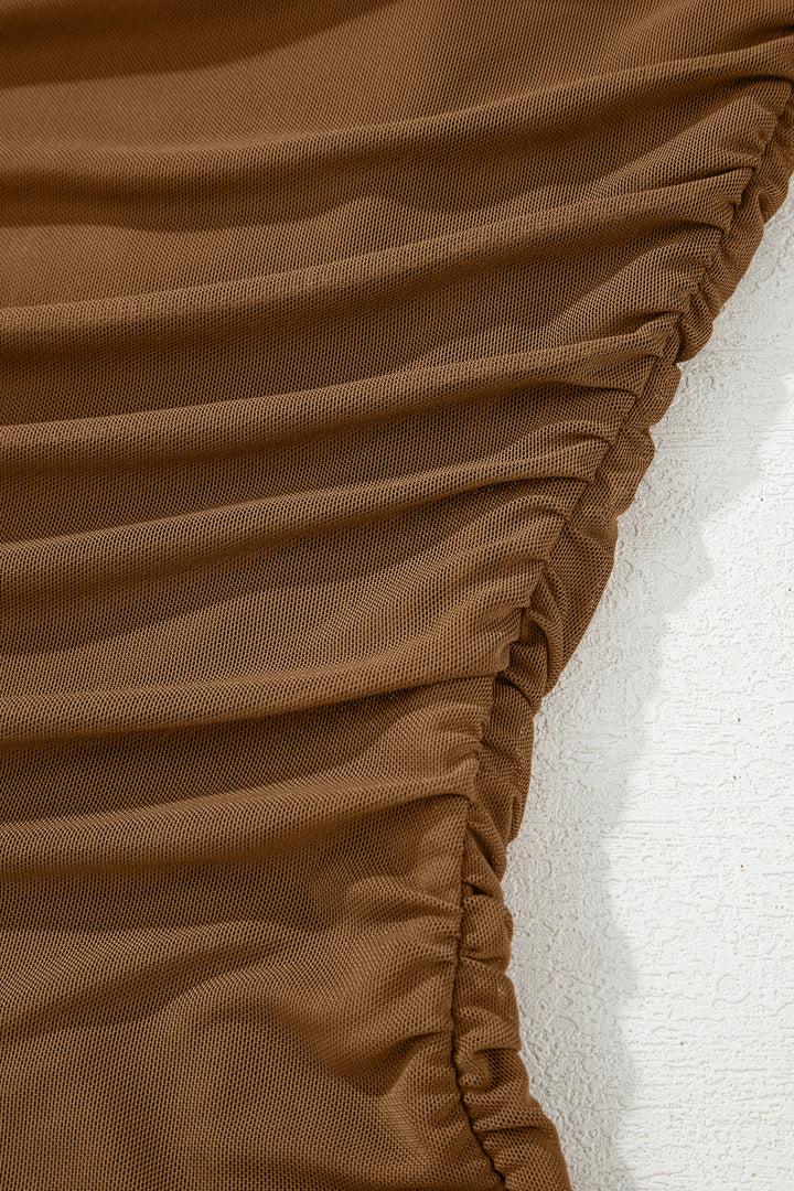 Coffee Sheer Mesh Patchwork High Neck Long Sleeve Top