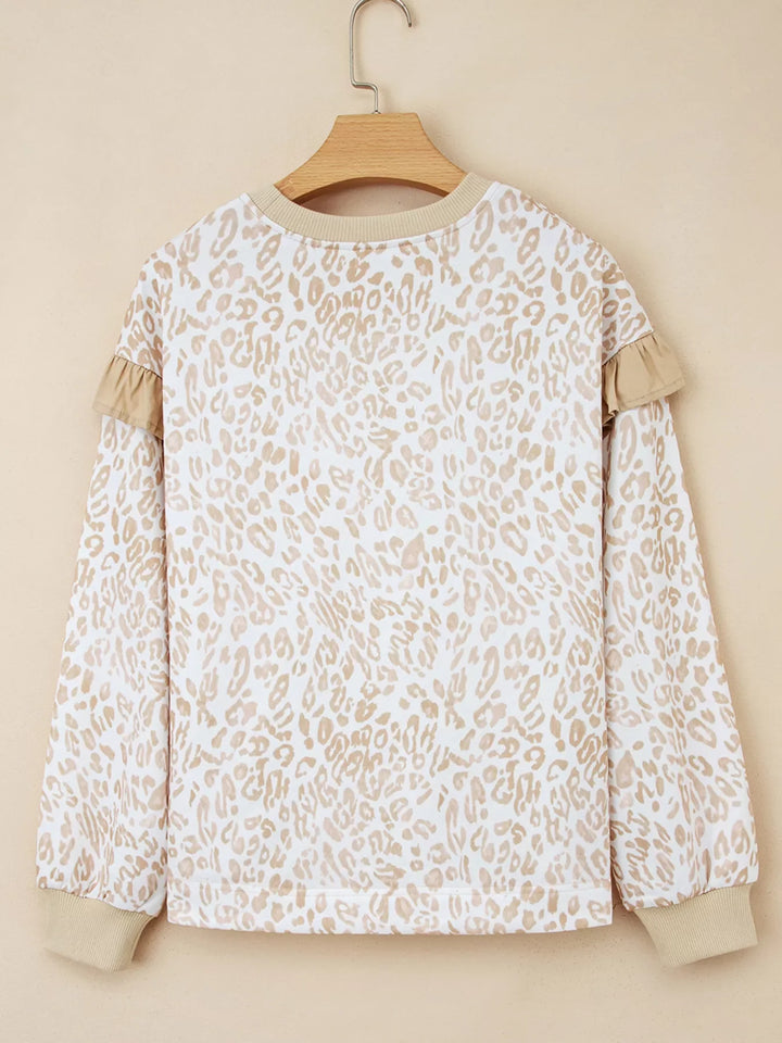 Leopard Ruffle Detail Ribbed Trim Round Neck Sweatshirt