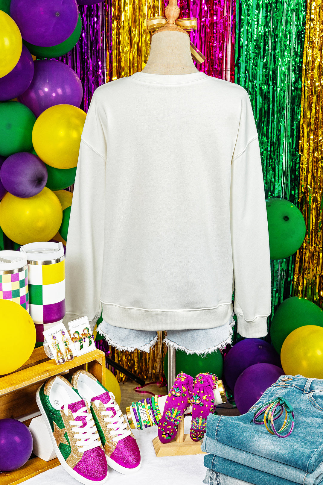 White mardi gras Fleur De Lis Embroidered Graphic Pullover Sweatshirt