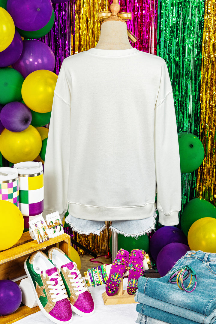 White mardi gras Fleur De Lis Embroidered Graphic Pullover Sweatshirt
