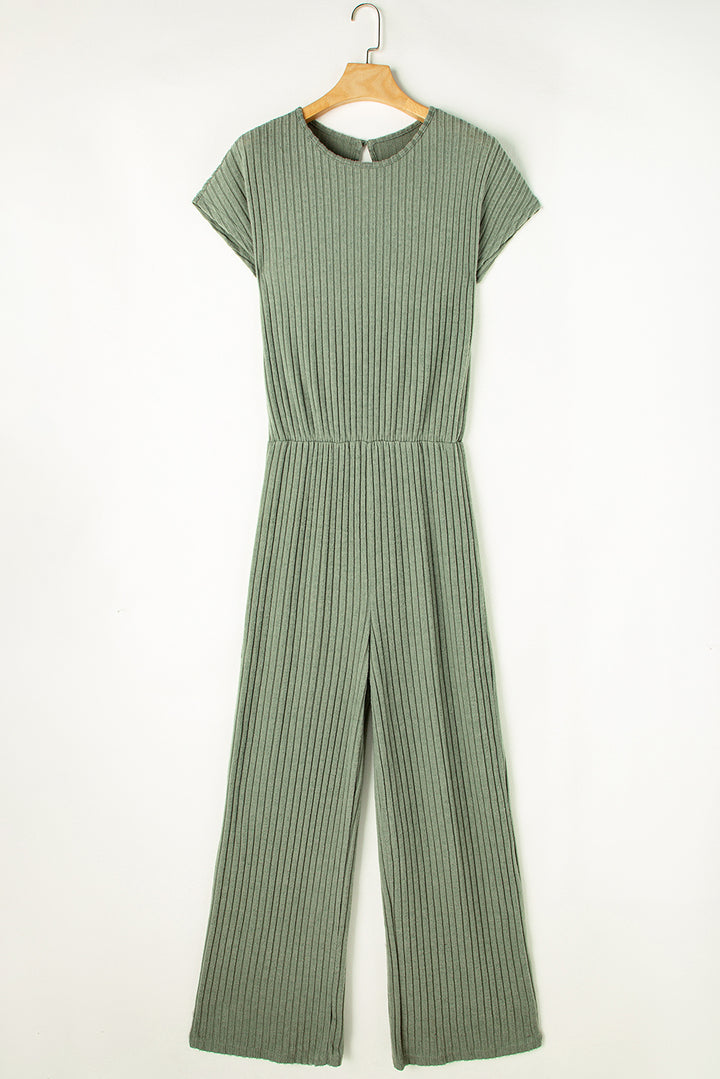 Grass Green Solid Color Ribbed Short Sleeve Wide Leg Jumpsuit