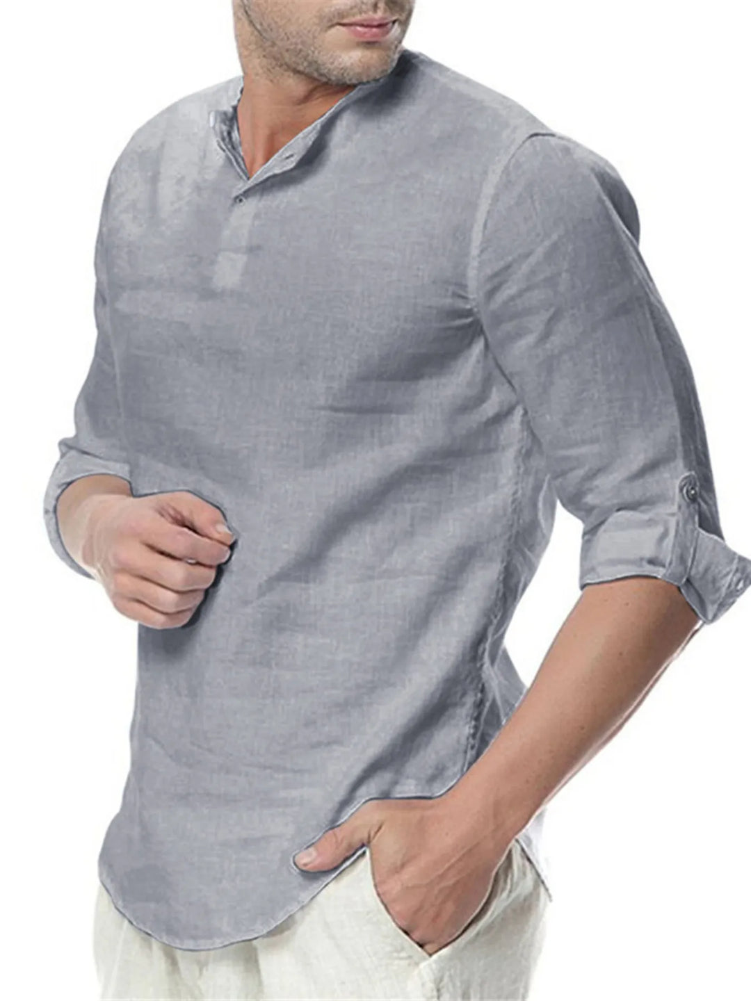 Men's Plus Size Solid Color Roll-Up Sleeves Blouse