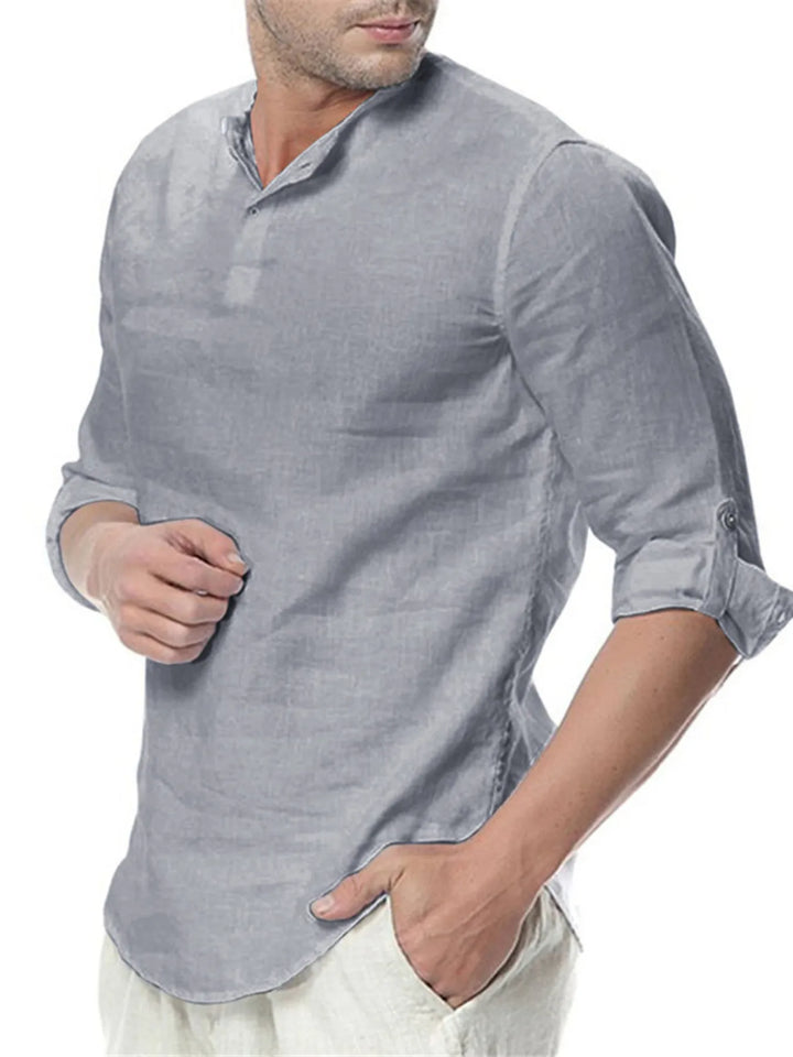 Men's Plus Size Solid Color Roll-Up Sleeves Blouse