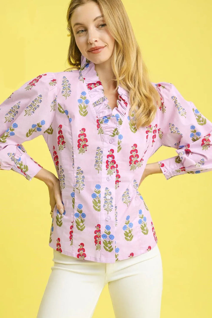 Umgee Floral Print Lantern Sleeve Button Down Shirt