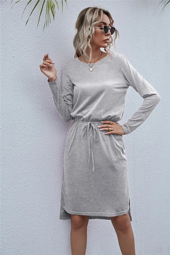 Drawstring Waist Round Neck Long Sleeve Dress