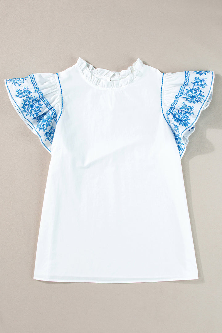 White Embroidered Ruffled Sleeve Frilled Collar Blouse