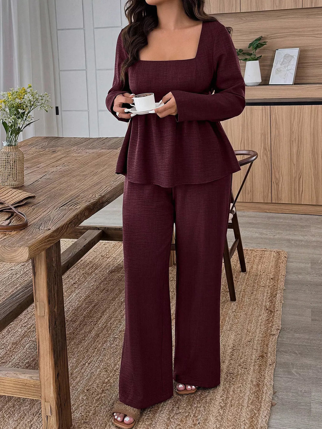 Plus Size Square Neck Long Sleeve Top and Pants Two-Piece Set