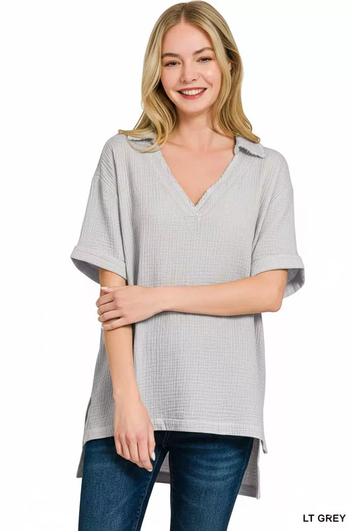 Zenana Double Gauze Short Sleeve High-Low Top