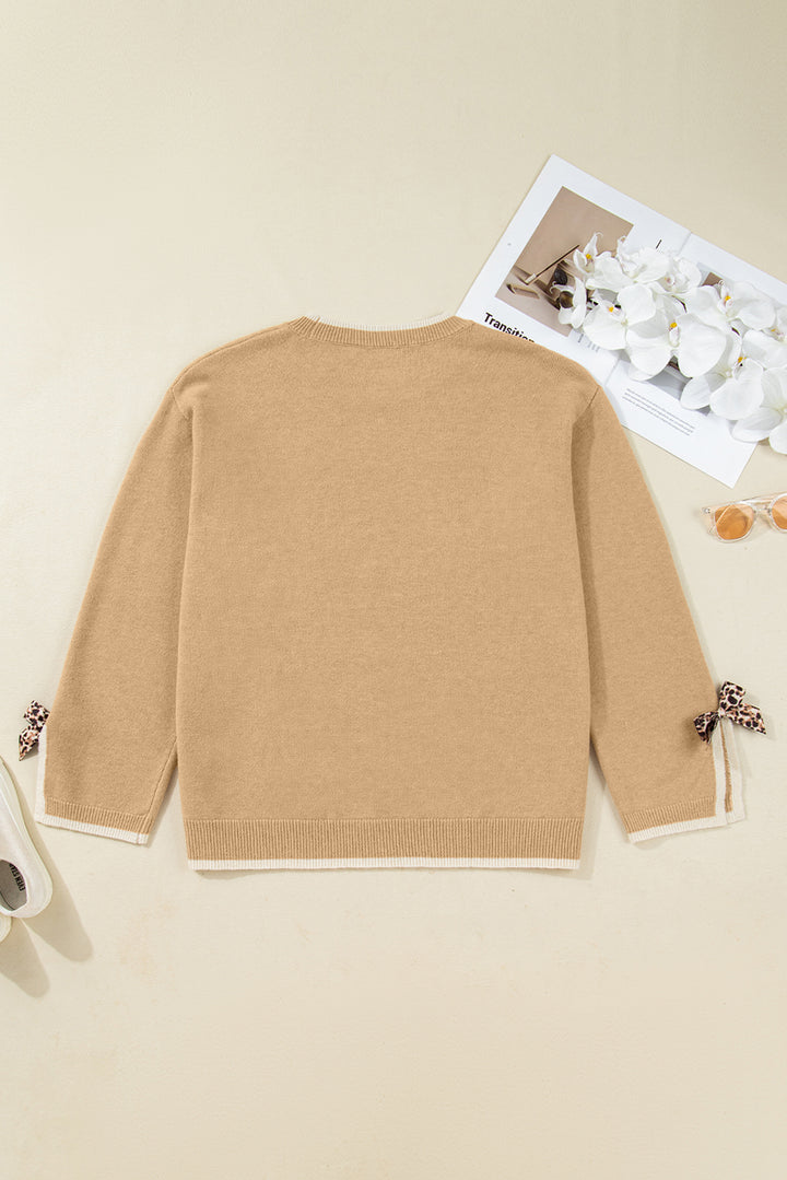 Tan Plus Size Leopard Bow Decor Split Cuffs Loose Sweater