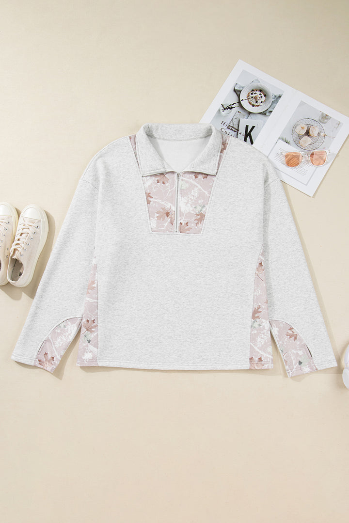 Gray Camo Leaves Patchwork Zipped Collar Pullover Plus Size Sweatshirt