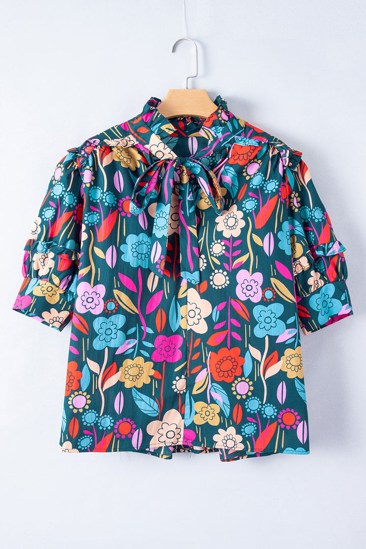 Green Floral Print Puff Sleeve Tied V Neck Blouse
