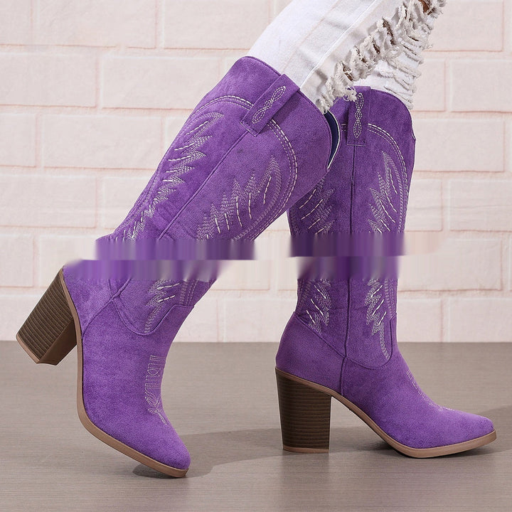 Autumn New Pointed Mid Heel High Tube Embroidered Denim Boots