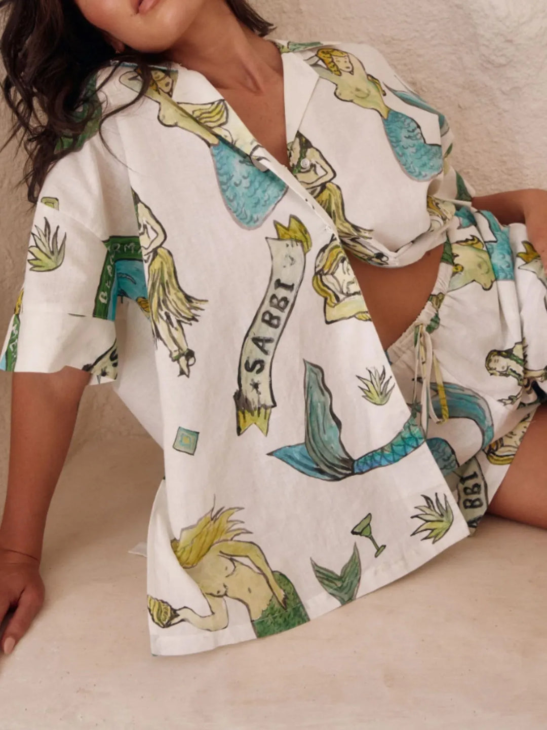 Printed Button Up Shirt and Shorts Set