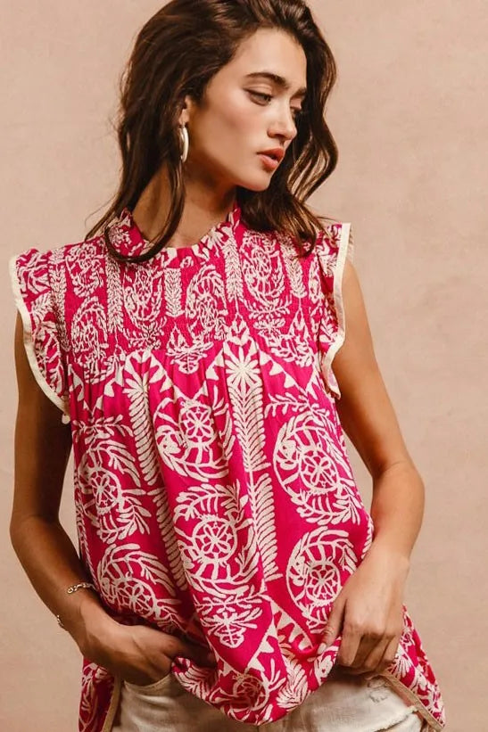 BiBi Printed Ruffle Sleeve Top