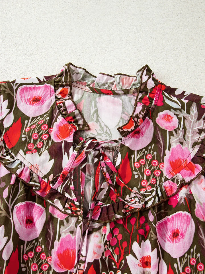 Floral Balloon Sleeve Tie Neck Blouse