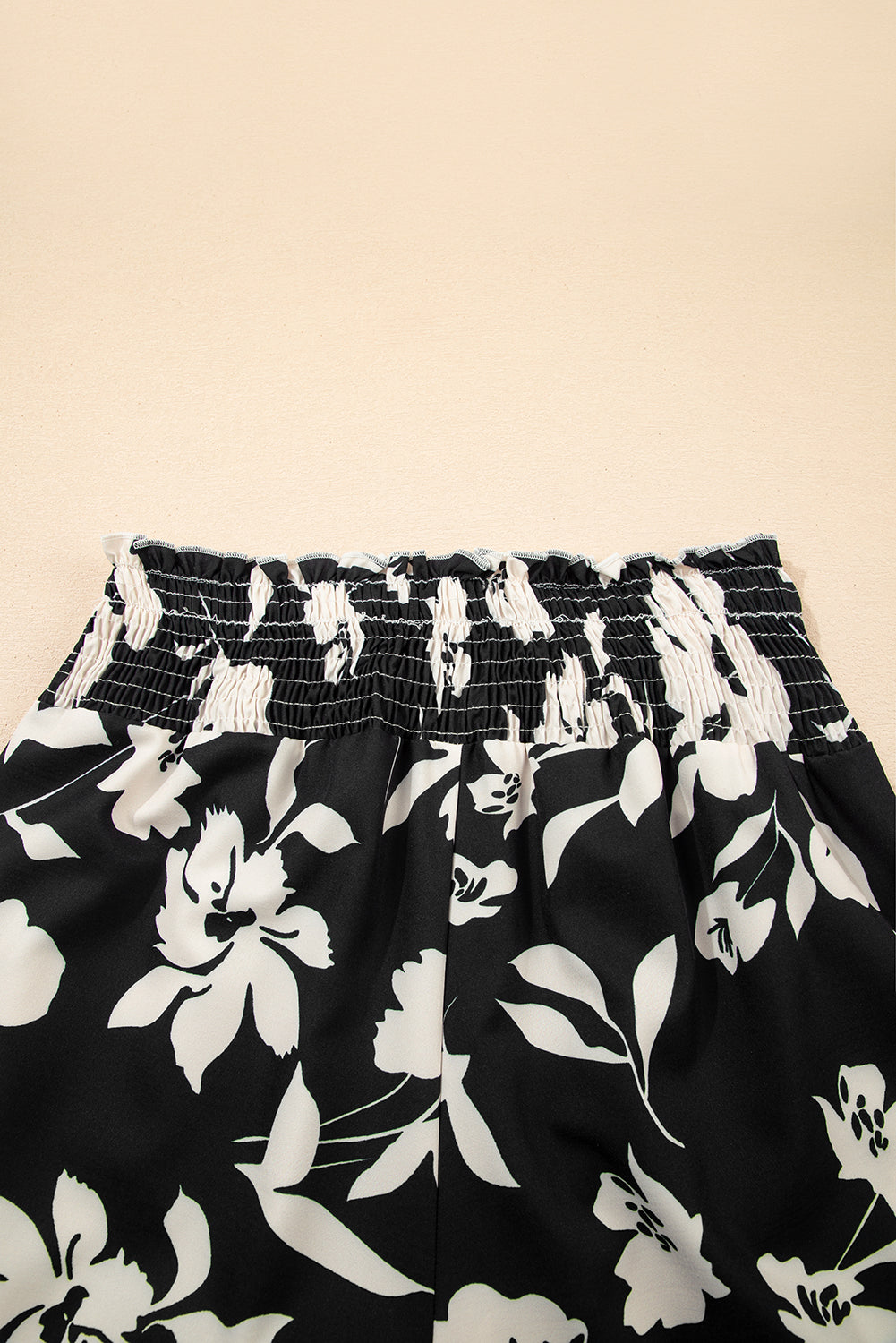 Black Floral Print Smocked High Waist Wide Leg Pants