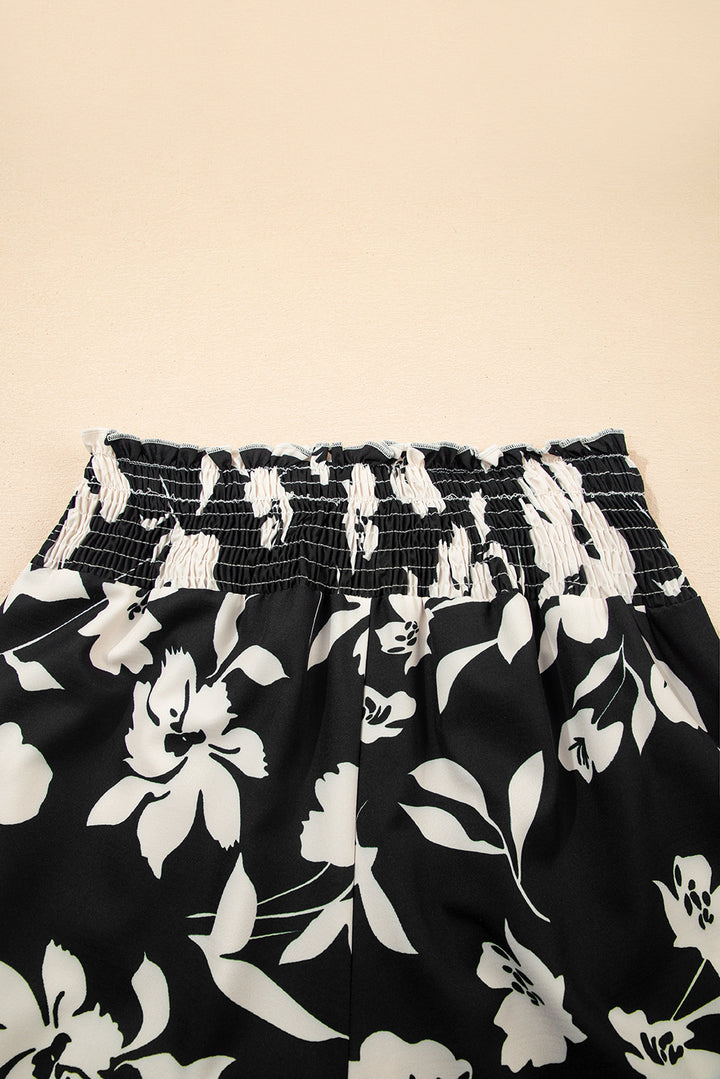 Black Floral Print Smocked High Waist Wide Leg Pants